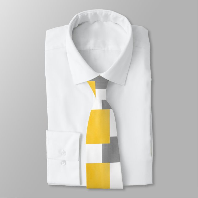 Yellow Gray White Geometric Pattern Neck Tie (Tied)