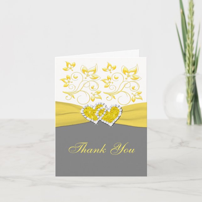 Yellow, Gray, White Joined Hearts Thank You Card (Front)
