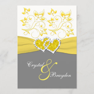 Yellow, Gray, White Joined Hearts Wedding Invite