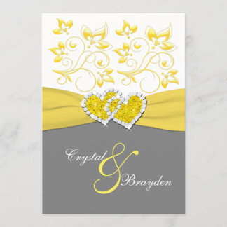Yellow, Gray, White Joined Hearts Wedding Invite