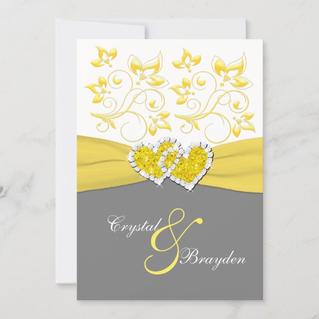 Yellow, Gray, White Joined Hearts Wedding Invite (Front)