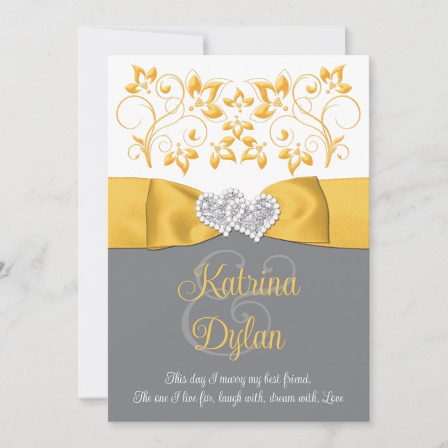 Yellow, Gray, White Love Hearts Wedding Invitation (Front)