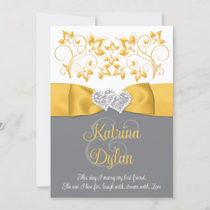 Yellow, Gray, White Love Hearts Wedding Invitation