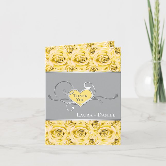 Yellow, Gray, White Roses Thank You Card (Front)