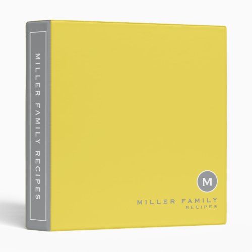 Yellow Gray  White Simple Monogram Family Recipe 3 Ring Binder