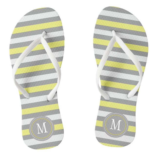 Yellow Gray White Stripe Monogram Flip Flops (Footbed)