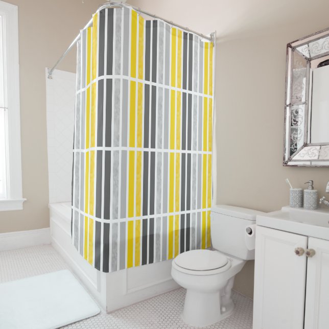 Yellow Gray White Striped Pattern Shower Curtain (In Situ)