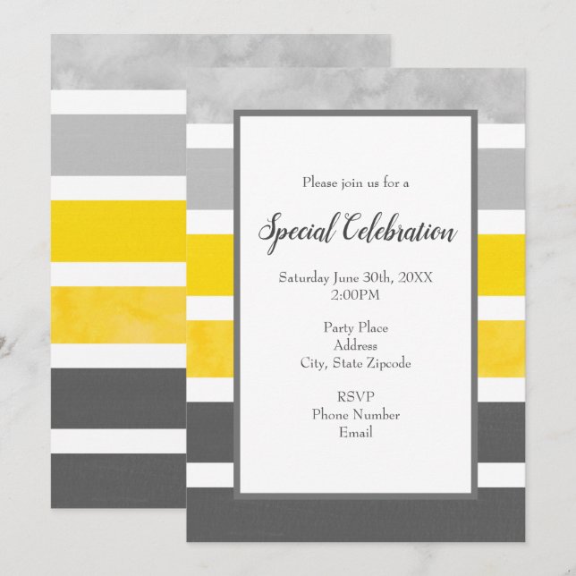 Yellow Gray White Stripes Invitation (Front/Back)