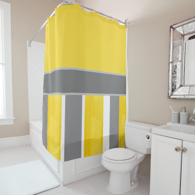 Yellow Gray White Stripes Modern 2 Shower Curtain (In Situ)