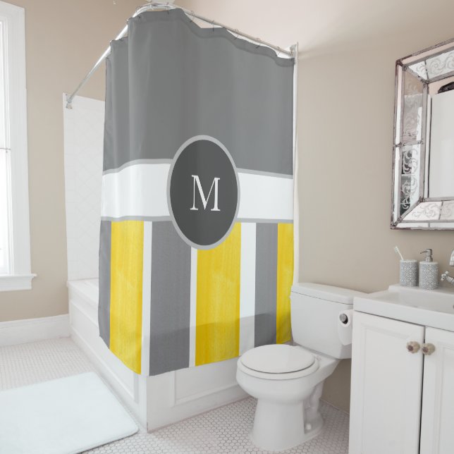 Yellow Gray White Stripes Modern 2 Shower Curtain (In Situ)