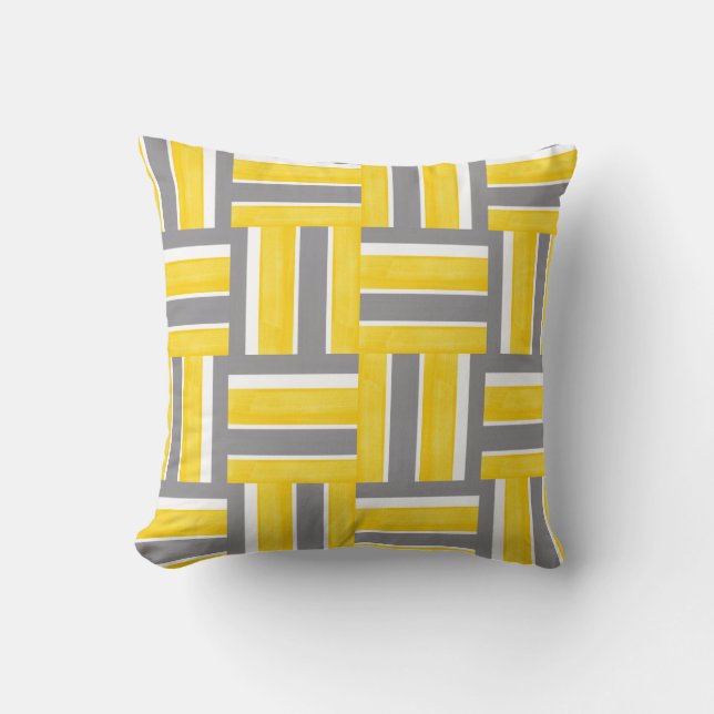 Yellow Gray White Stripes Modern Pattern Throw Pillow (Front)