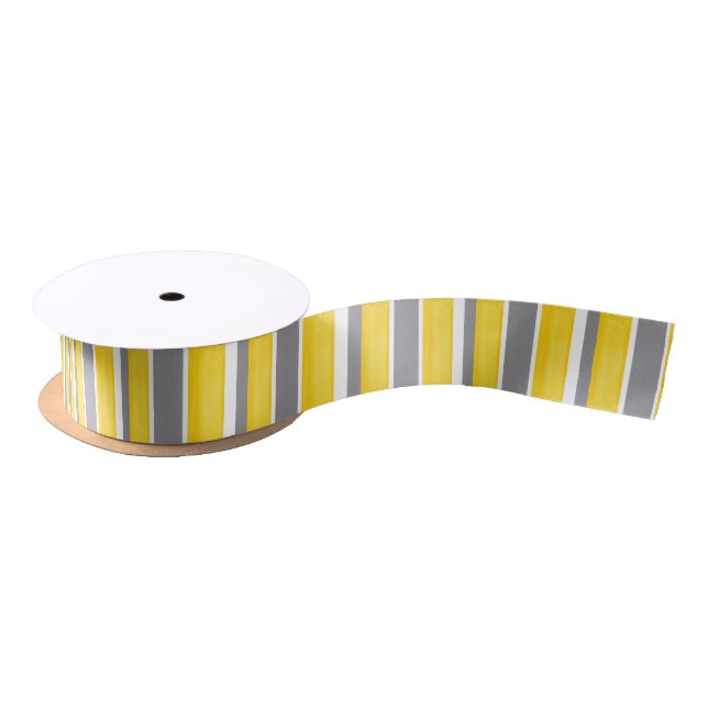 Yellow Gray White Stripes Modern Satin Ribbon (Spool)
