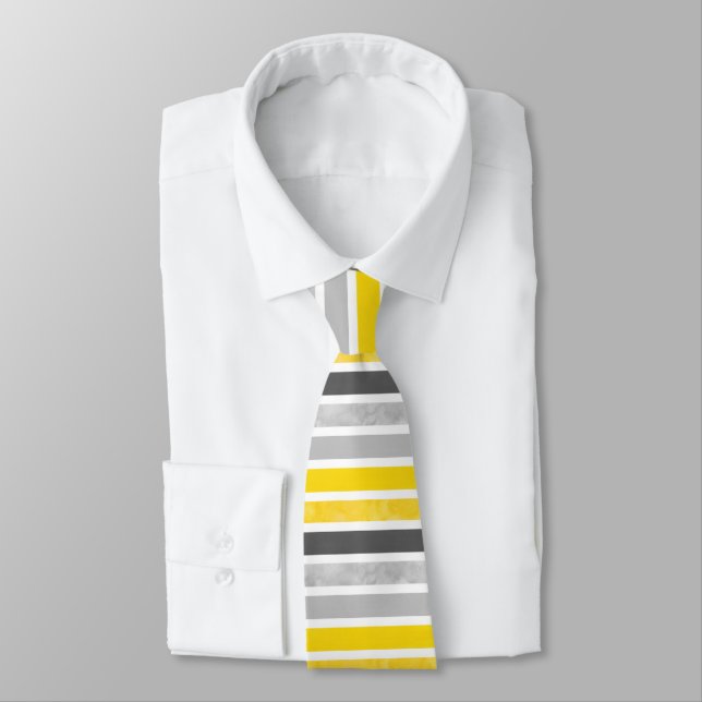Yellow Gray White Stripes Neck Tie (Tied)
