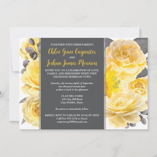 Yellow, Gray, White Watercolor Flowers Wedding Invitation (Front)