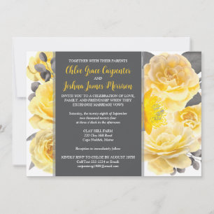 Yellow, Gray, White Watercolor Flowers Wedding Invitation