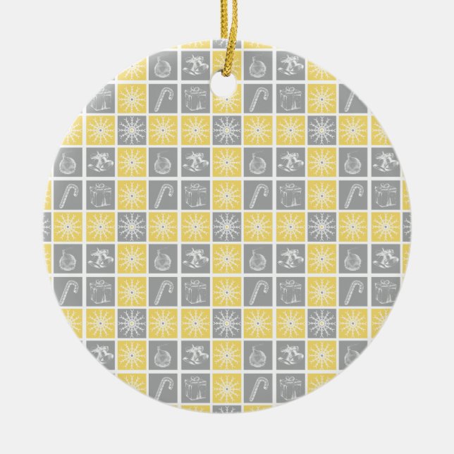 yellow gray winter holidays quilt pattern ceramic ornament (Front)