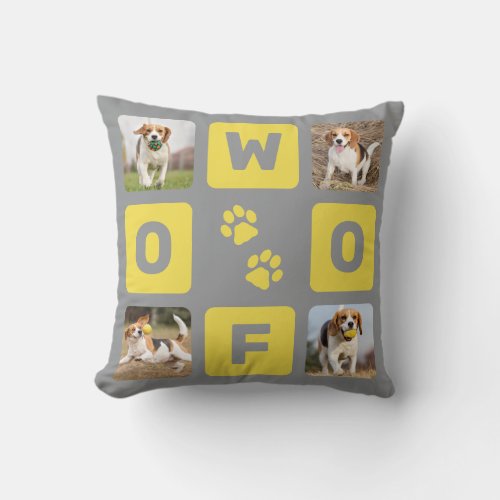 Yellow Gray Woof Paw Prints Pet Dog Lover Photo Throw Pillow - Celebrate your best friend with a funcustom pet photo collage pillow with paw prints in a yellow & gray design !  When you have so many fun memories and photos, one photo isn't enough . Our woof dog pillow has 4 photos. Whether you have a new puppy, or to memorialize all the special moments thru each year, every pet deserves a personalized photo plaque.  
See 'personalize this template' to change photos. Perfect dog lover keepsake gift to your favorite dog mom, for dog dad, and dog lovers!
COPYRIGHT © 2020 Judy Burrows, Black Dog Art - All Rights Reserved. Yellow Gray Woof Paw Prints Pet Dog Lover Photo Throw Pillow