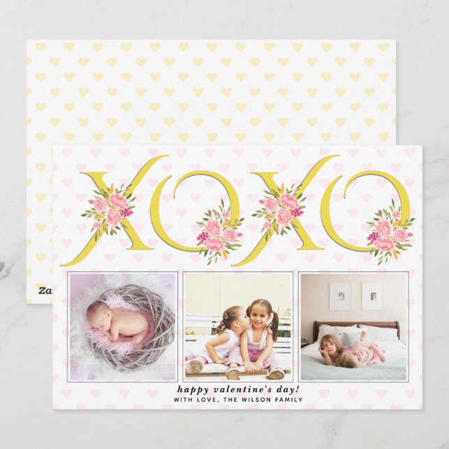 Yellow, gray XOXO Pink roses photo Valentines Day Holiday Card (Front/Back)