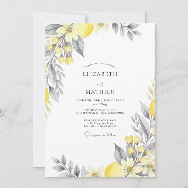 Yellow Gray Zesty Citrus Wedding Invitation (Front)