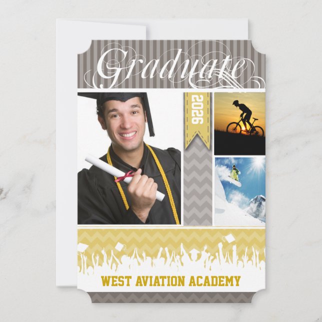 Yellow Gray Zig Zag Senior 3 Pictures Class of Announcement (Front)