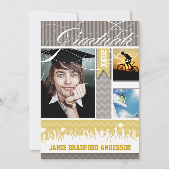 Yellow Gray Zig Zag Senior 3 Pictures Class of Announcement (Front)