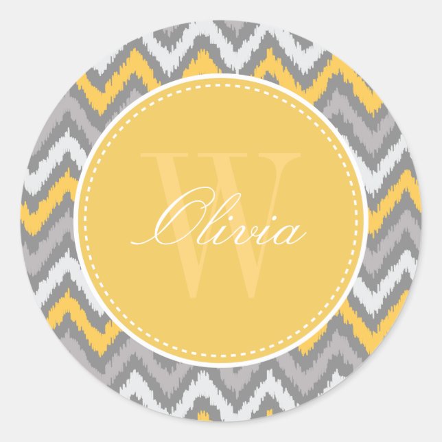 Yellow Gray Zigzag Ikat Pattern Monogram Classic Round Sticker (Front)