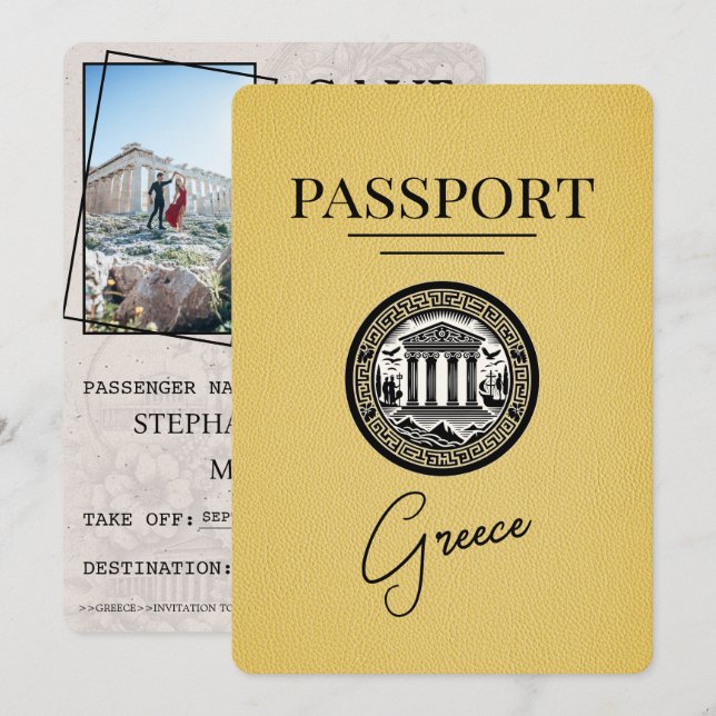 Yellow Greece Passport Save the Date Card (Front/Back)