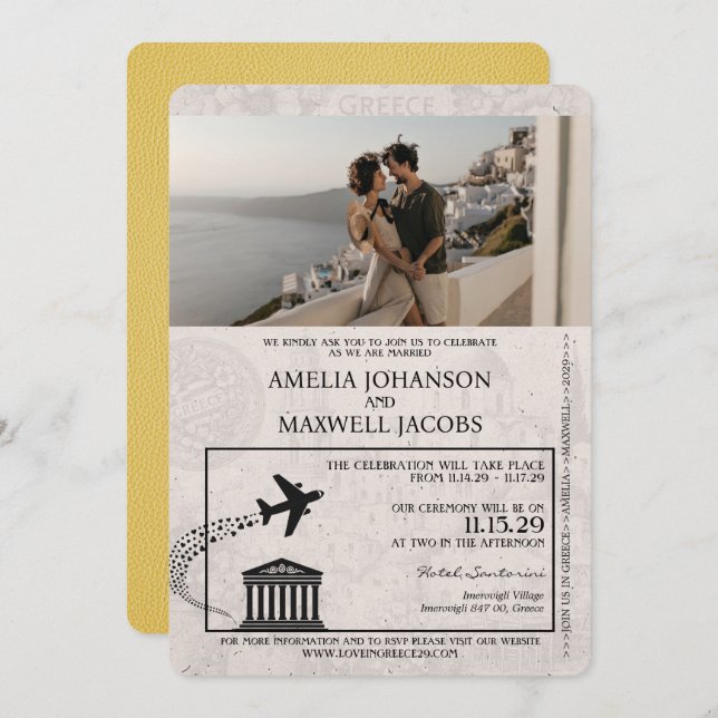 Yellow Greece Passport Wedding Invitation (Front/Back)