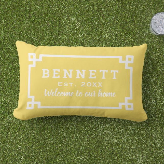Yellow Greek Key Monogram Welcome Lumbar Pillow (Grass)