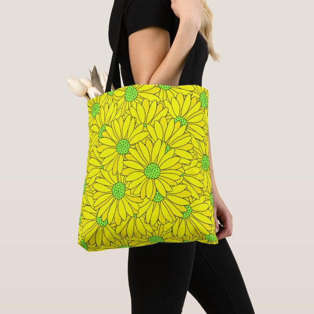 Yellow & Green Abstract Daisy Pattern   Tote Bag (Close Up)