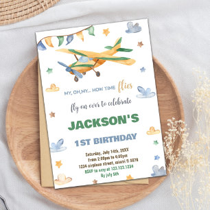 Yellow Green Airplane Birthday Invitations