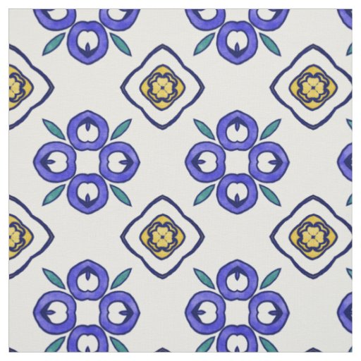 Yellow, Green and Blue Floral Damask Pattern Fabric