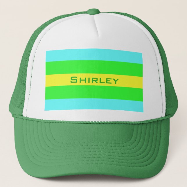 Yellow Green and Blue Wide Stripes by STaylor Trucker Hat (Front)