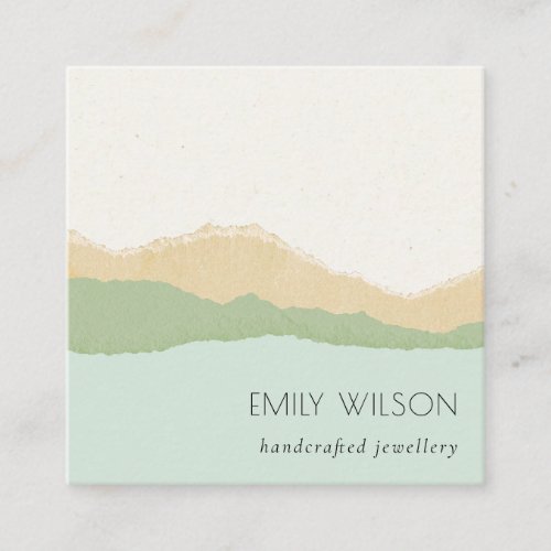 Yellow Green Aqua Kraft Mountain Wave Torn Edge Square Business Card