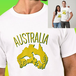 Yellow Green Australia Map with Kangaroos on Light T-Shirt