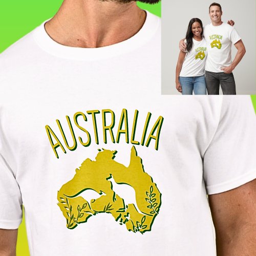 Yellow Green Australia Map with Kangaroos on Light T_Shirt