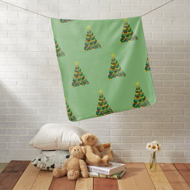 Yellow & Green Baby Blanket with Christmas Trees  (In Situ)