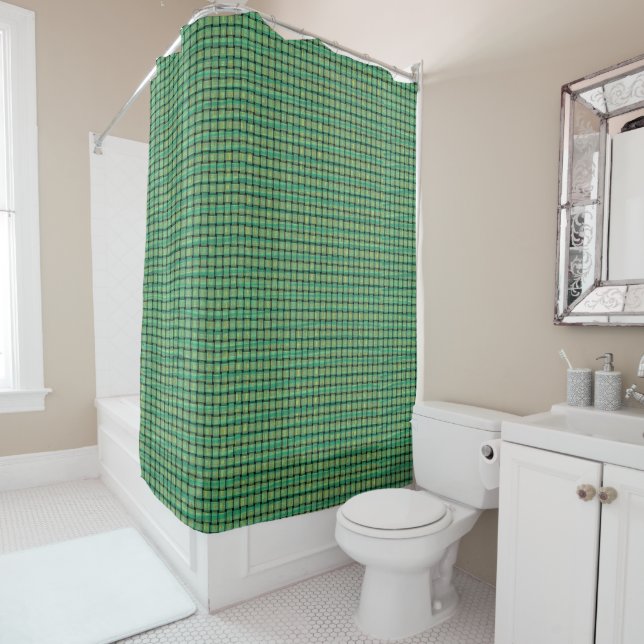 Yellow Green Black Burlap Look Weave Shower Curtain (In Situ)