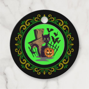 Yellow Green Black Cat Tombstone Bats Halloween Favor Tags