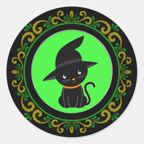 Yellow Green Black Cat With A Witch Hat Halloween Classic Round Sticker