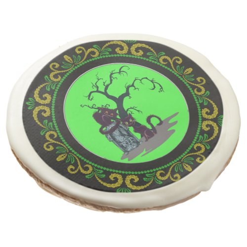 Yellow Green Black Cats Tombstone Tree Halloween Sugar Cookie