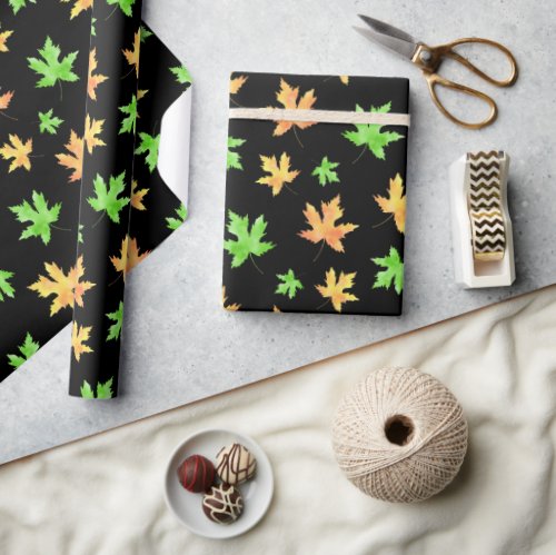 Yellow Green Black Watercolor Maple Leaf Pattern Wrapping Paper