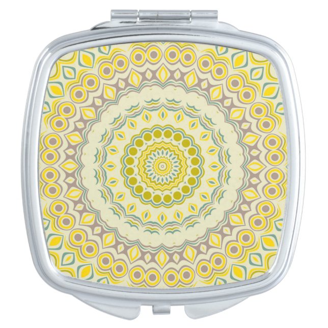 Yellow, Green, Blue & Grey Kaleidoscope Flowers Makeup Mirror (Front)