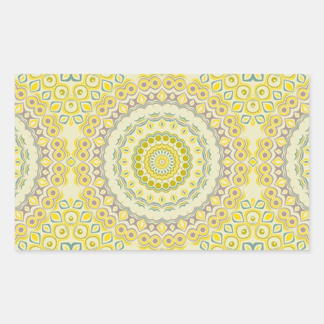 Yellow, Green, Blue & Grey Kaleidoscope Flowers Rectangular Sticker (Front)