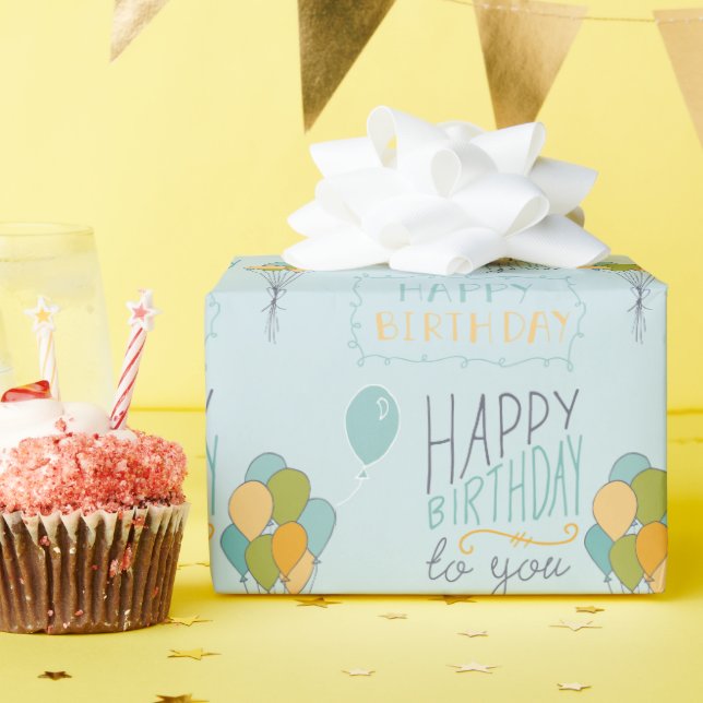 Yellow Green Blue Happy Birthday Balloons Wrapping Paper (Birthday Party)