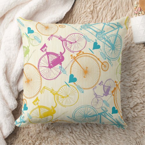 Yellow Green Blue Pink Retro Bicycle Pattern Throw Pillow