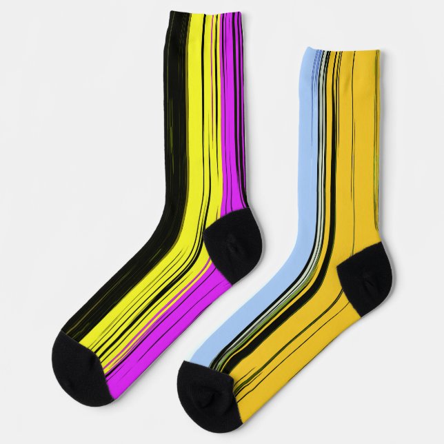 Yellow Green Blue Purple Black Vertical Stripes Socks (Left)