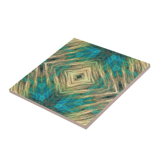 Yellow Green Blue Teal Turquoise Ethnic Tribe Art Ceramic Tile (Side)