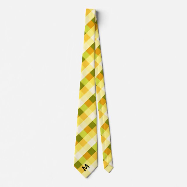 Yellow & Green Buffalo Plaid & Monogram Neck Tie (Front)