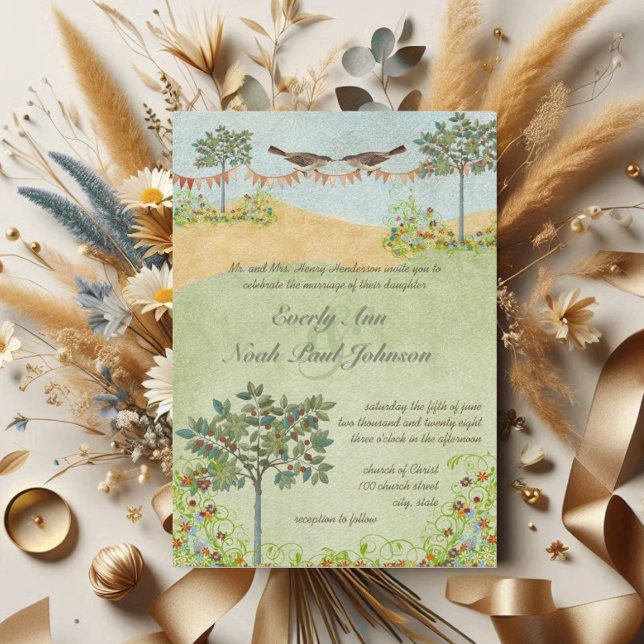 Yellow & Green Bunting Pennant Wedding Tree Meadow Invitation (Creator Uploaded)